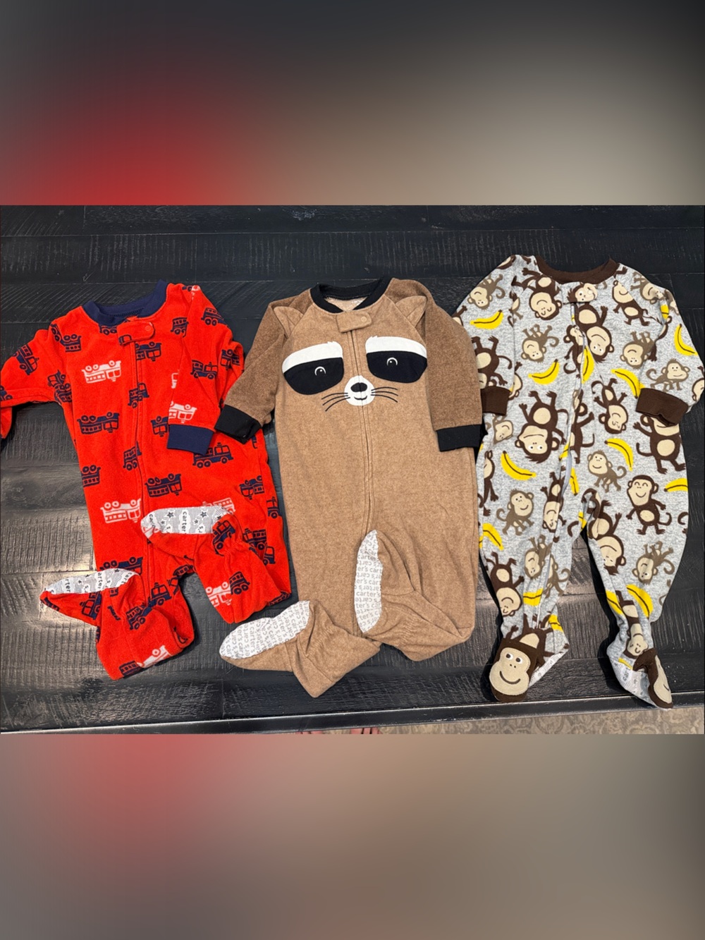 Carter's Red Firetruck, Brown Raccoon, Gray Monkey Footed Fleece One-Pieces